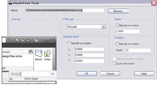 ����� ���������� ���� Attach Point Cloud � ����� Point Cloud � AutoCAD 2011